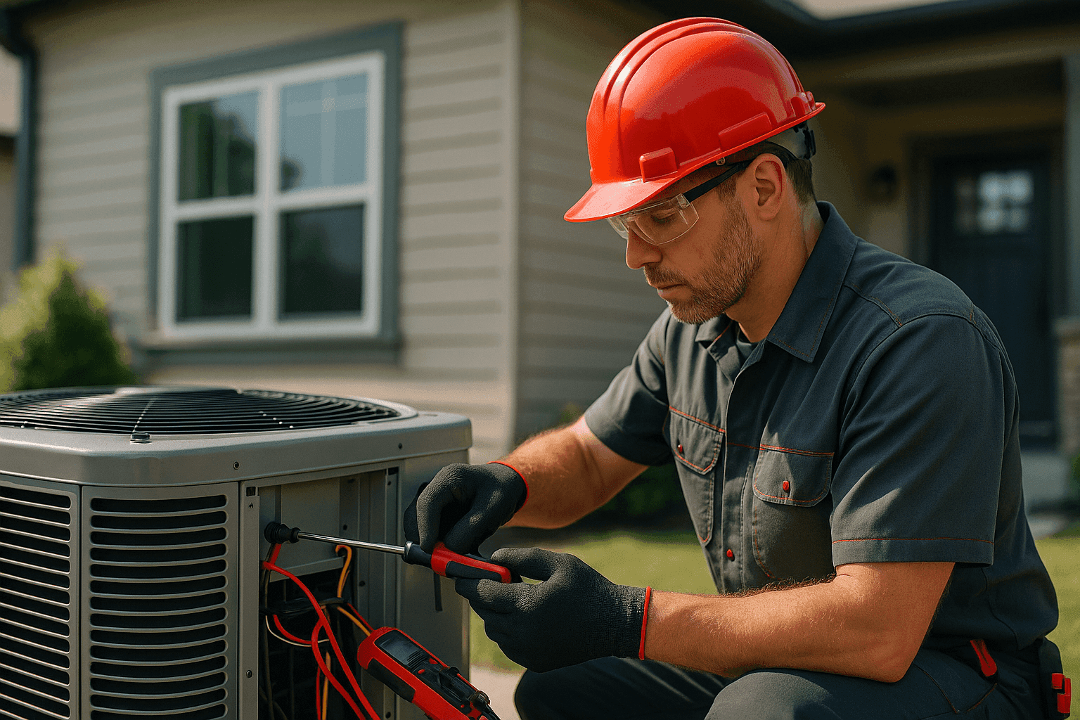 HVAC technician in safety gear servicing outdoor air conditioning unit at modern home exterior