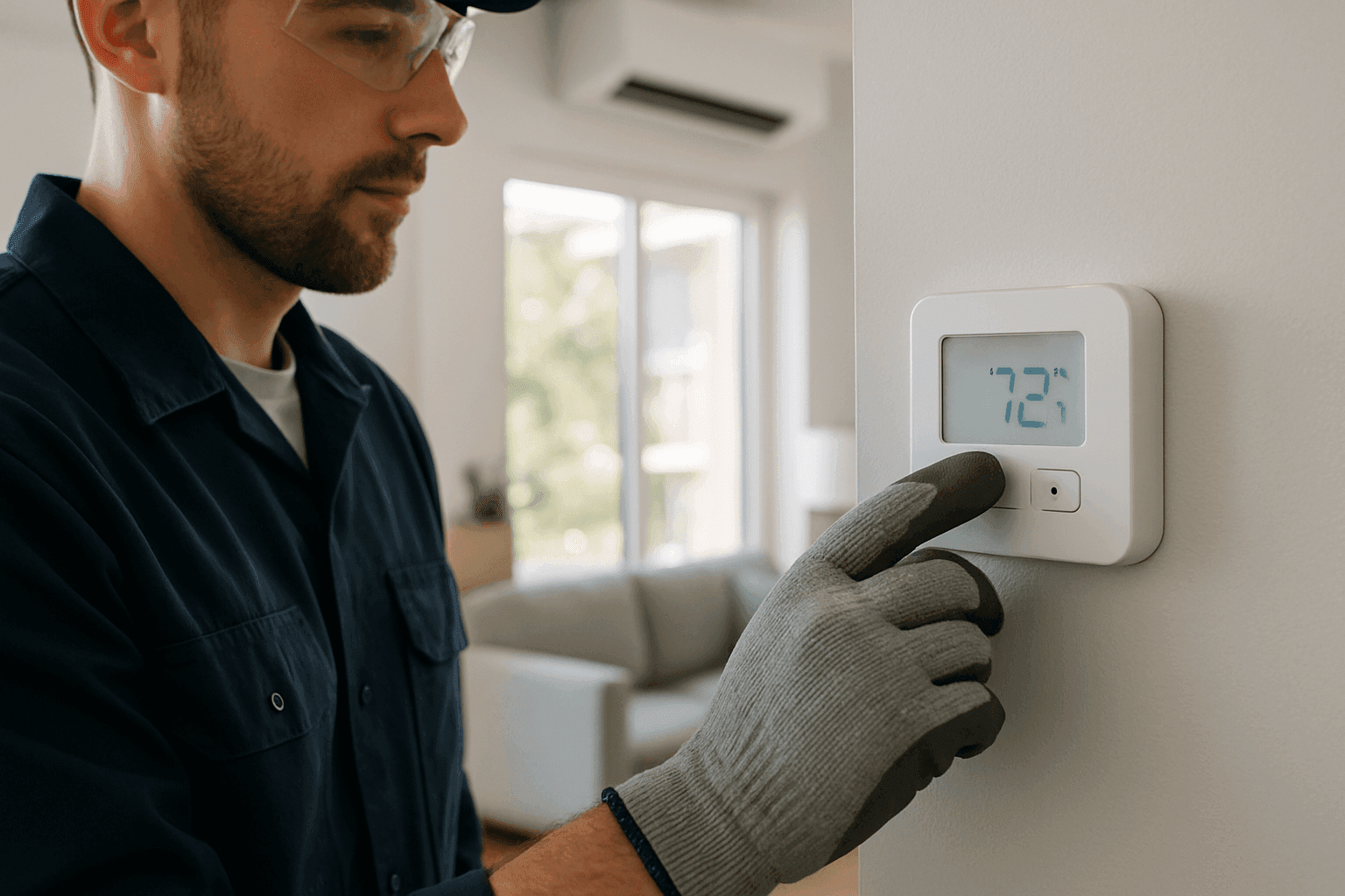 Technician checking air conditioner thermostat in bright living room