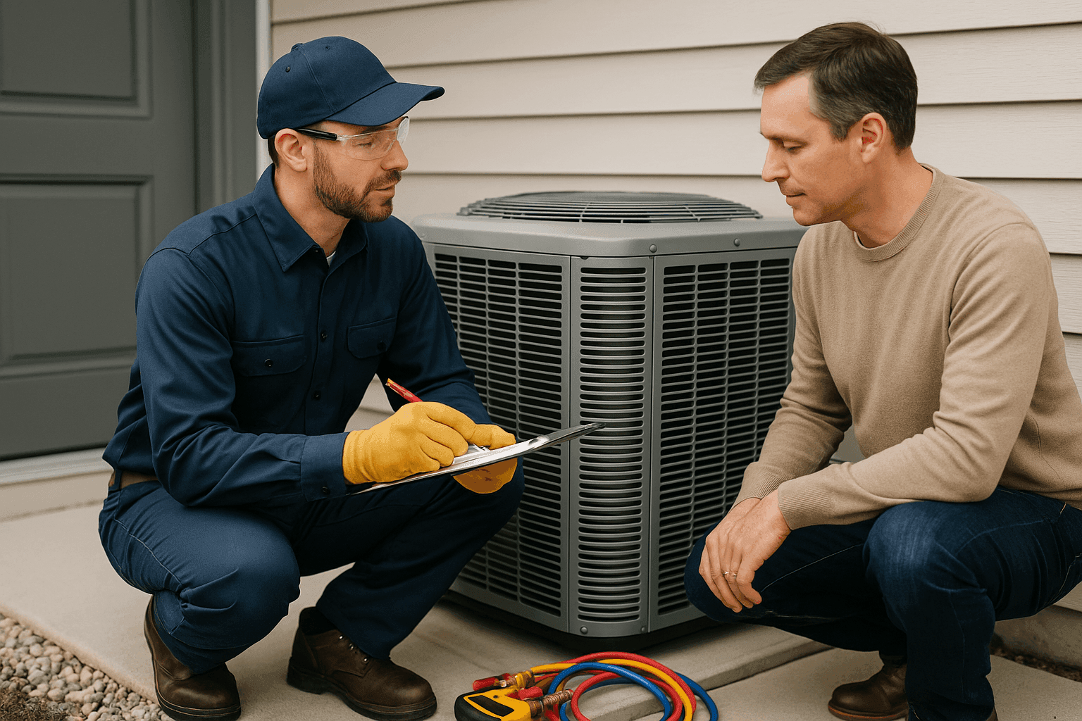 HVAC technician advising homeowner on HVAC system options