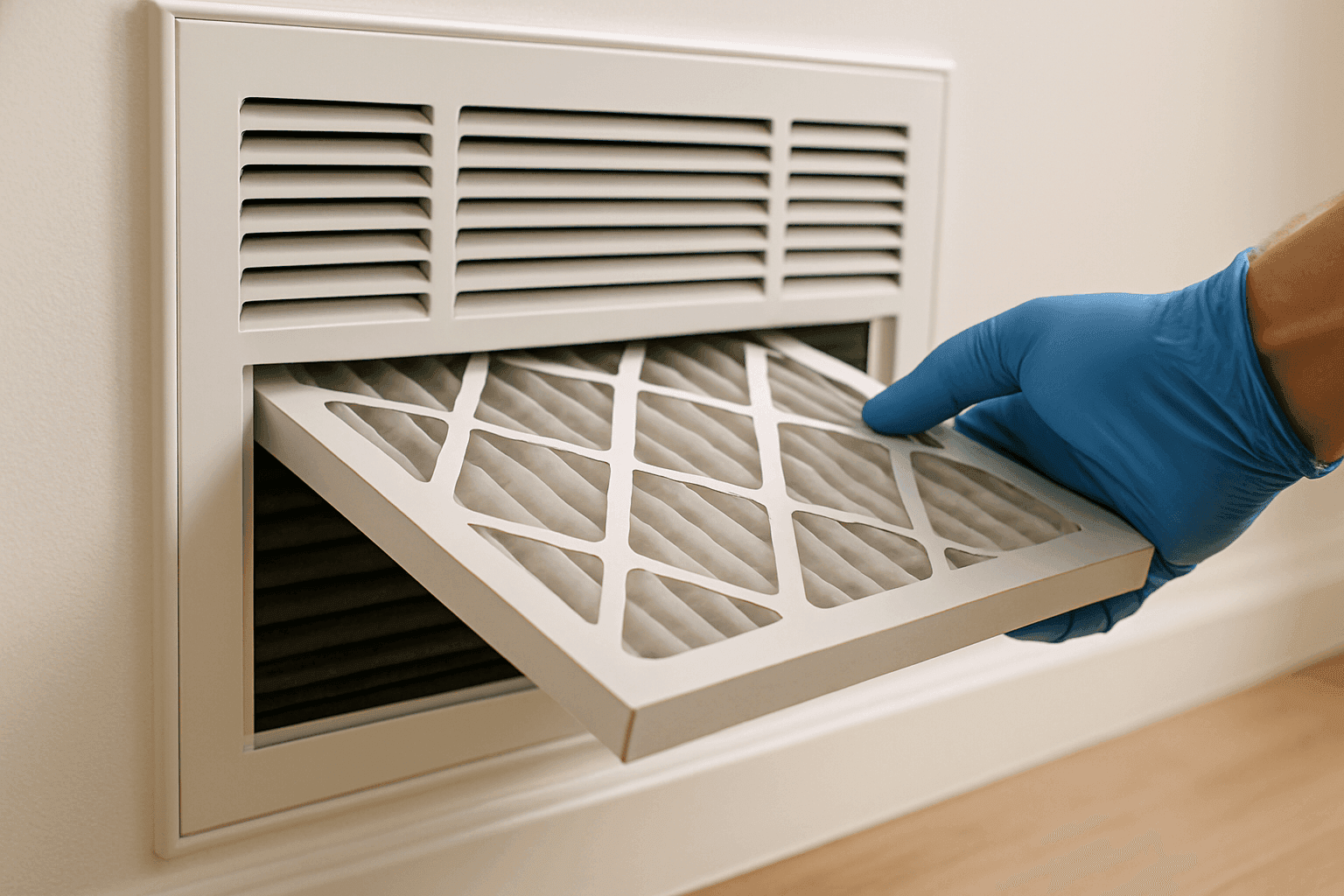 Mano enguantada instalando un nuevo filtro de HVAC en una rejilla de ventilación del hogar