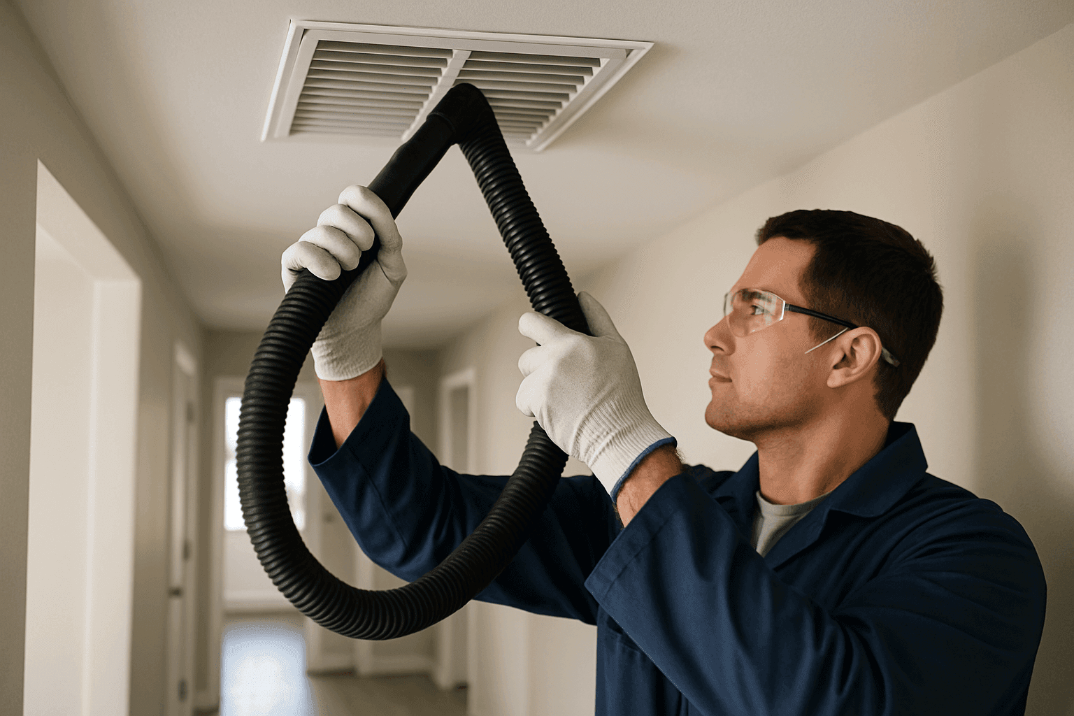 Técnico limpiando conducto de aire con aspiradora en el pasillo de una casa