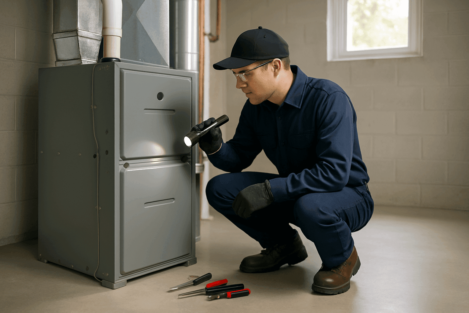 HVAC technician in PPE examining home furnace in emergency situation