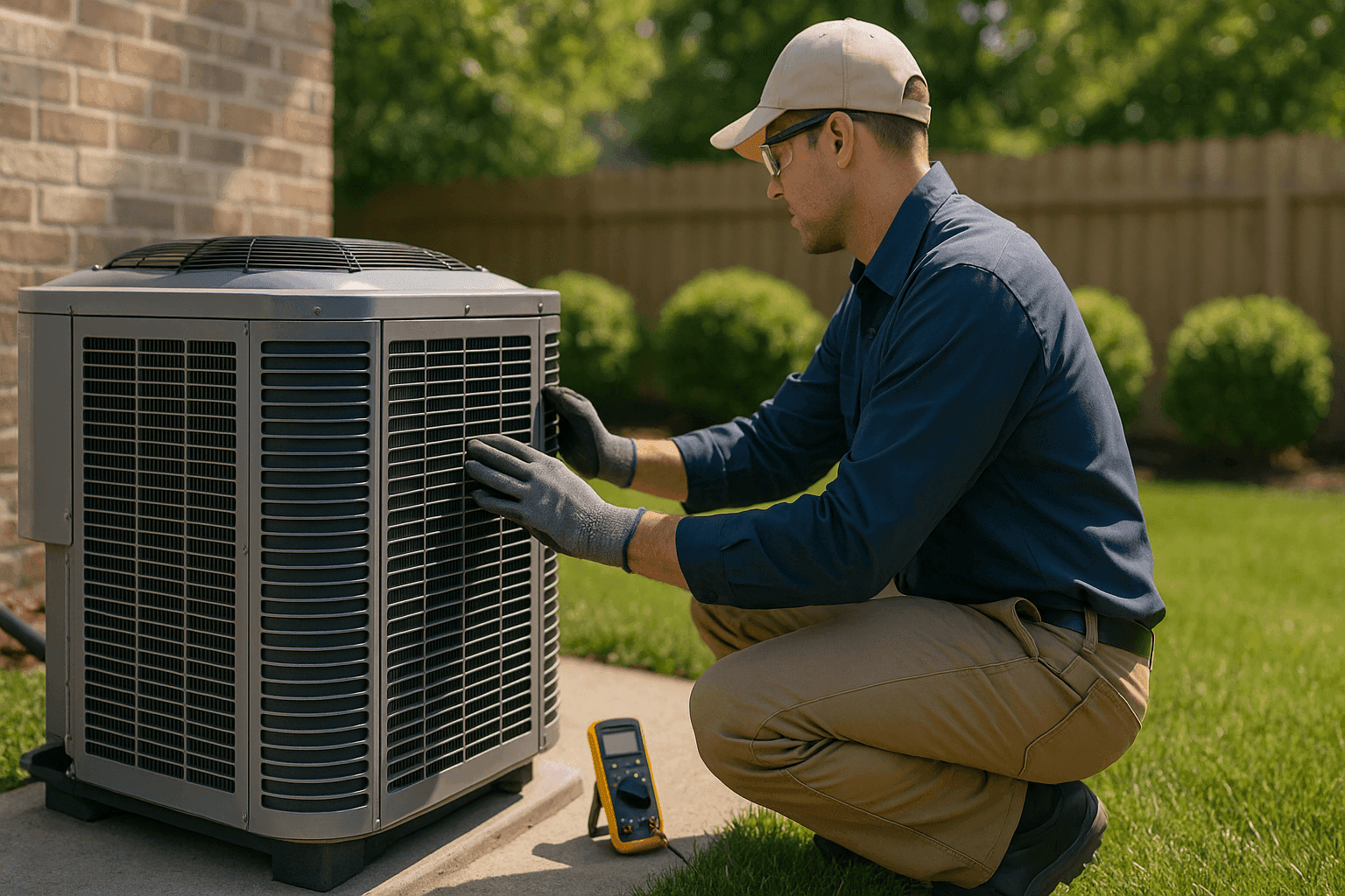 Technician inspecting outdoor HVAC unit in suburban backyard