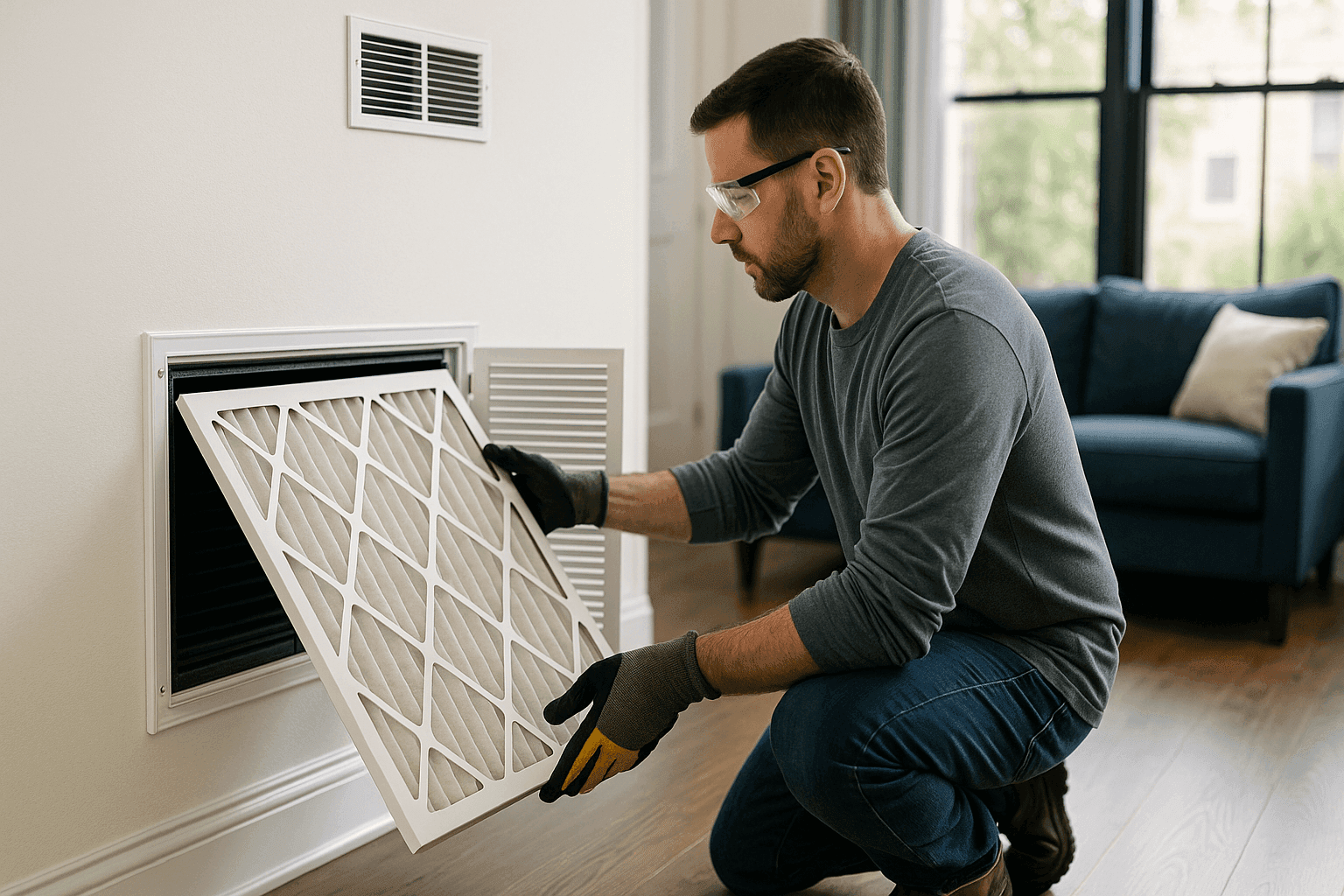 Homeowner changing HVAC air filter for better indoor air quality