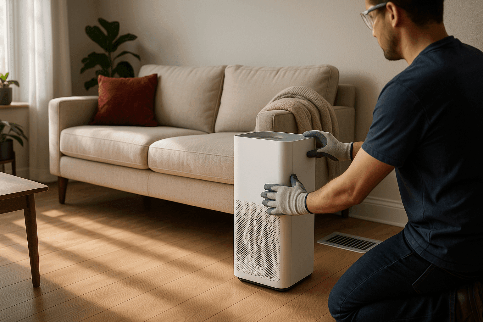 Homeowner adjusting air purifier in living room with sunlight