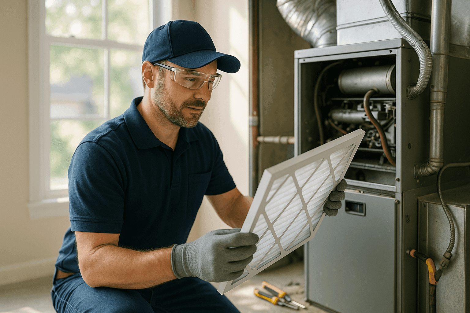 HVAC technician replacing air filter to improve indoor air quality for allergy season