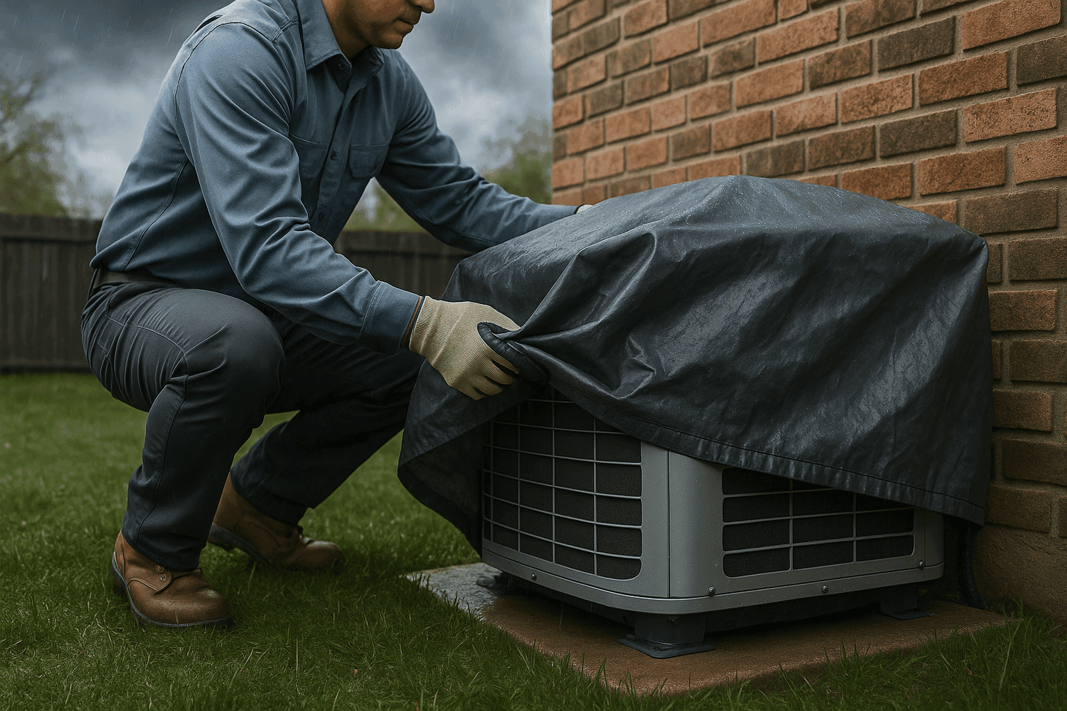 Technician covering outdoor AC unit with protective tarp before storm