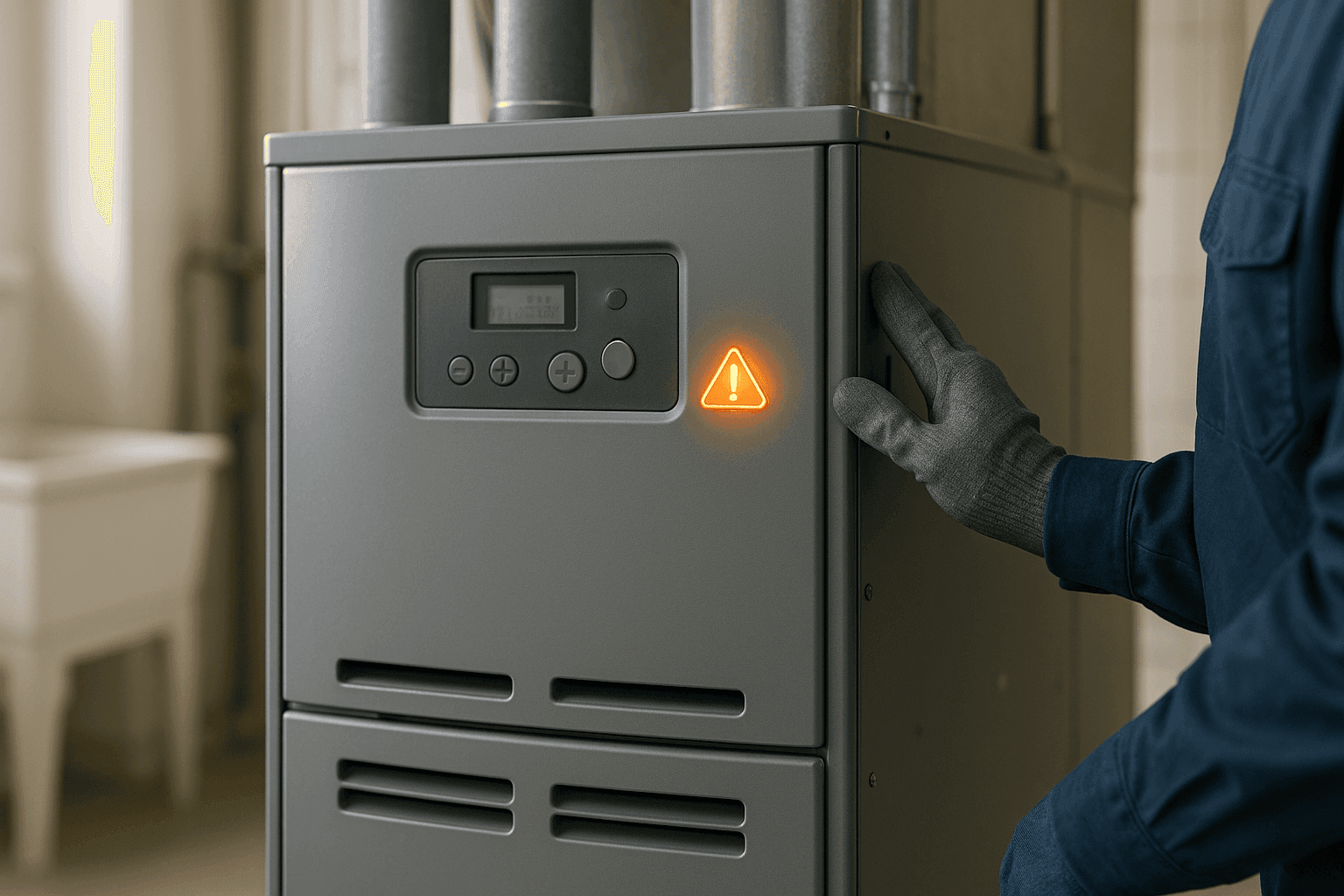 Closeup of furnace panel with warning light on in home utility room
