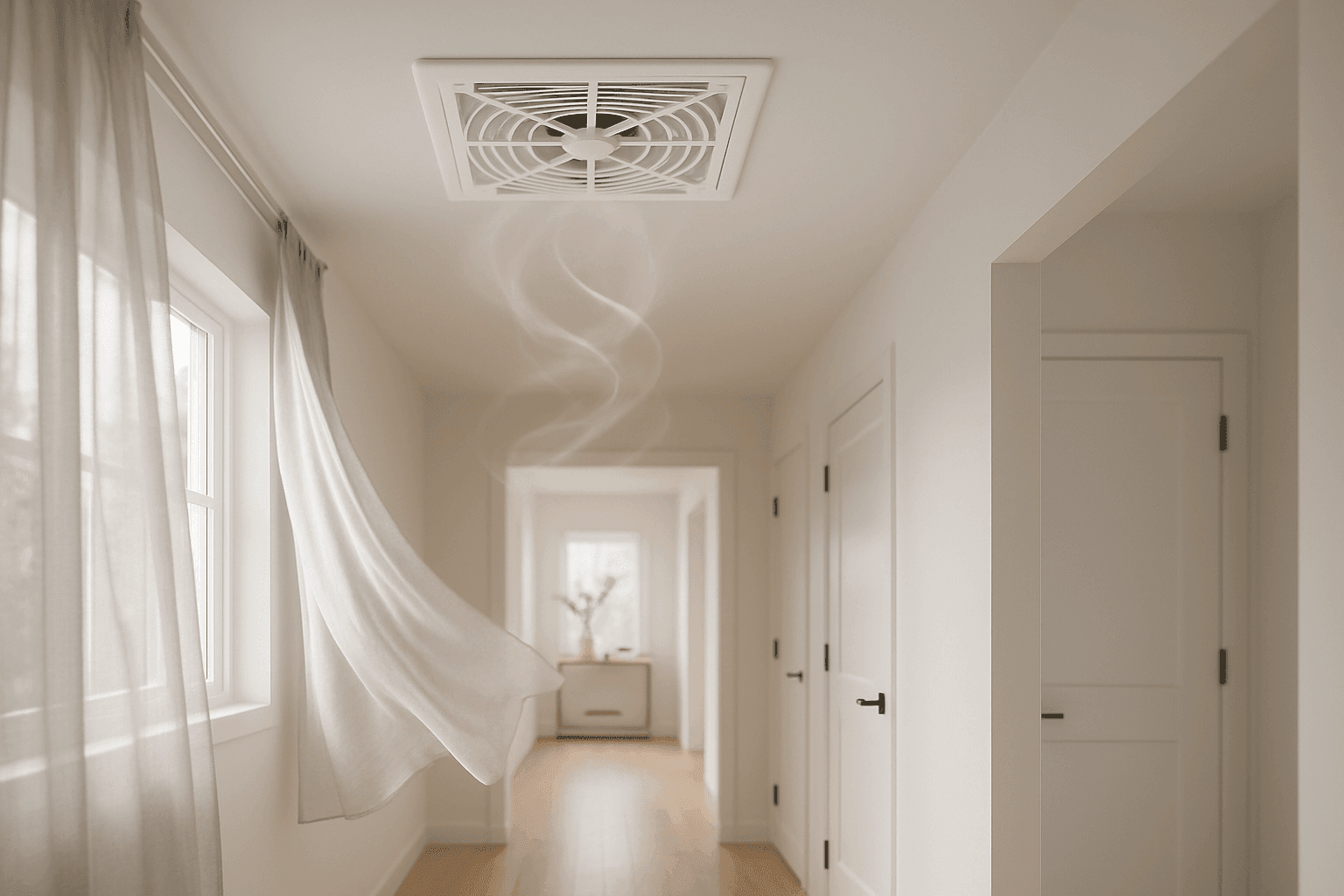 Installed whole-house fan in home ceiling with clean vent cover